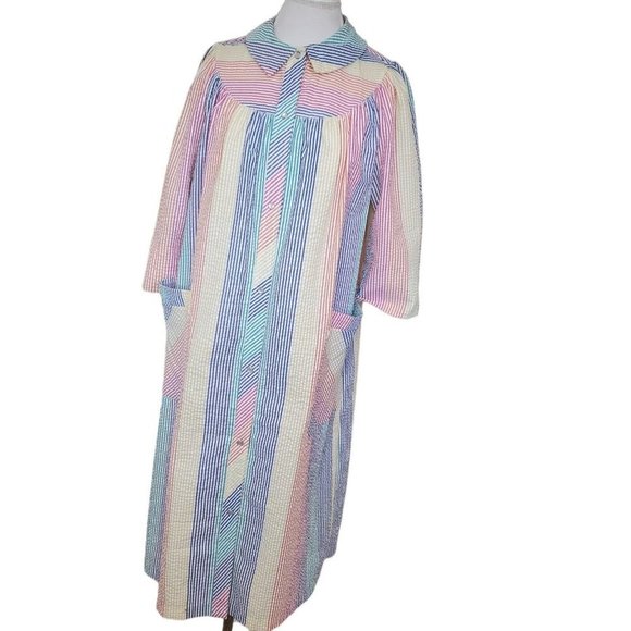 Vintage Rainbow Striped Housecoat Robe Thin Pearl Snap Long Duster Textured S/M - Picture 2 of 12